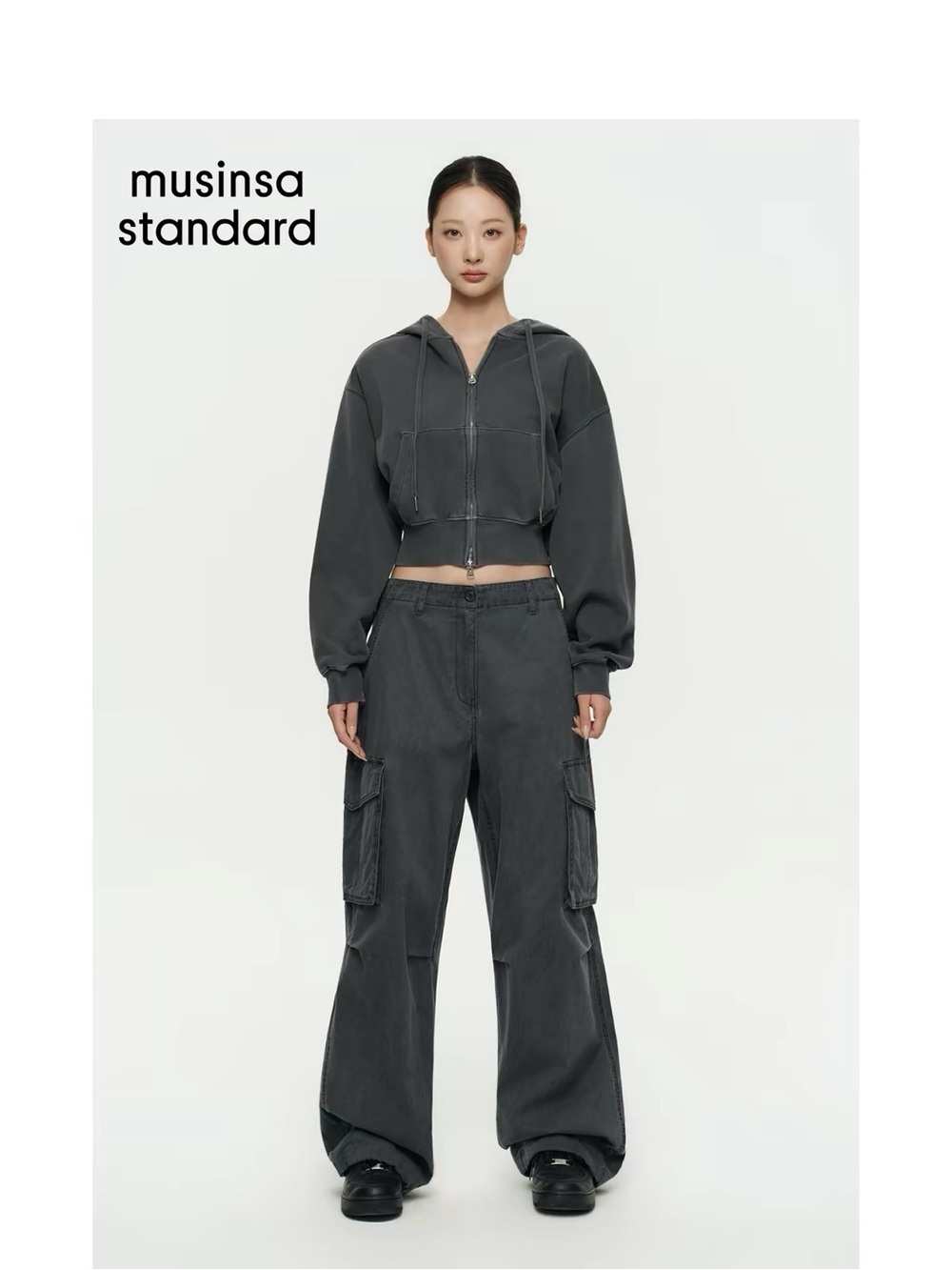 NWT MUSINSA Womens Pigment Volume Cropped Hooded Sweat Zip-Up [Charcoal Gray]